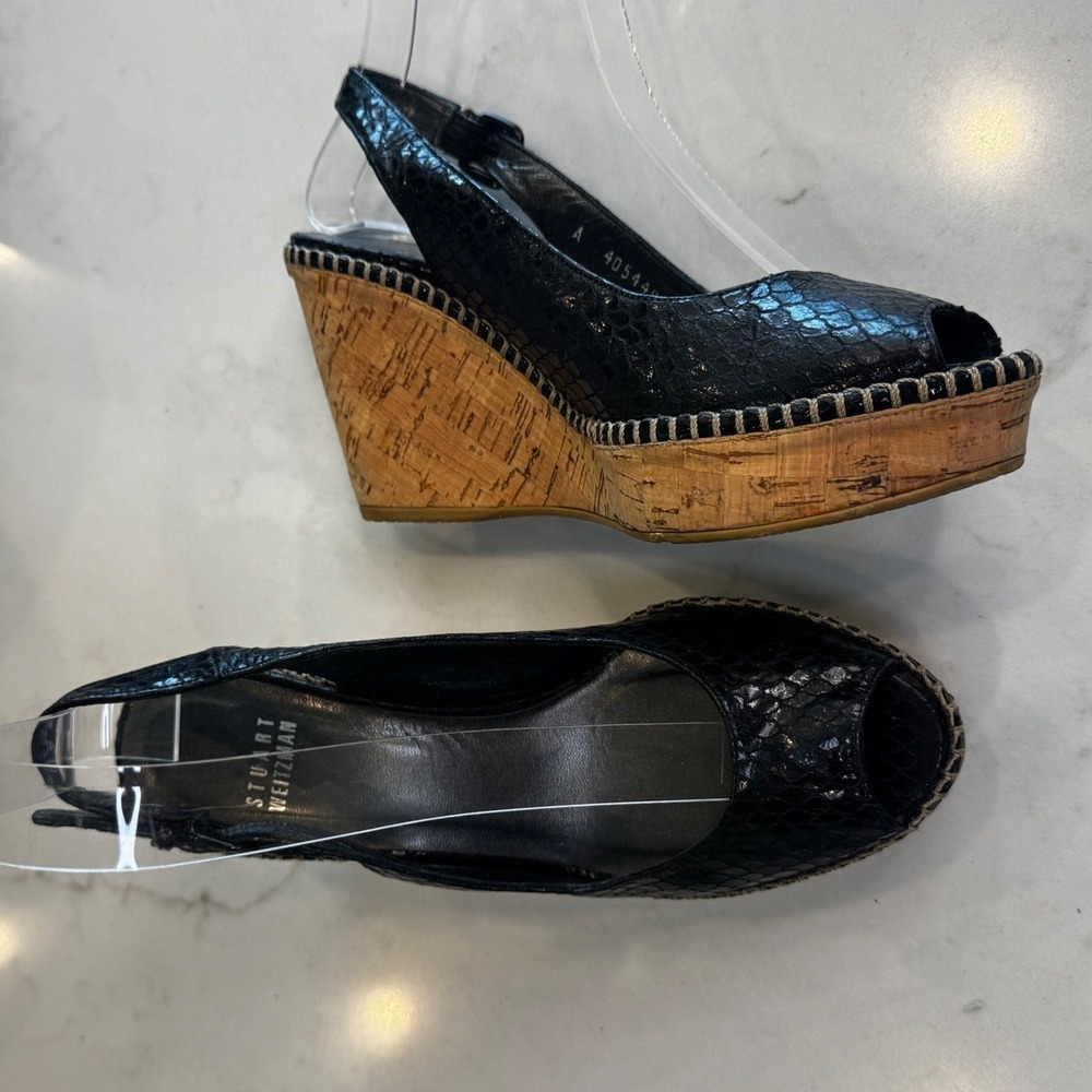 Stuart Weitzman Women 6.5 Black Snakeskin Embossed Cork Wedge Slingback Sandals - Picture 2 of 15